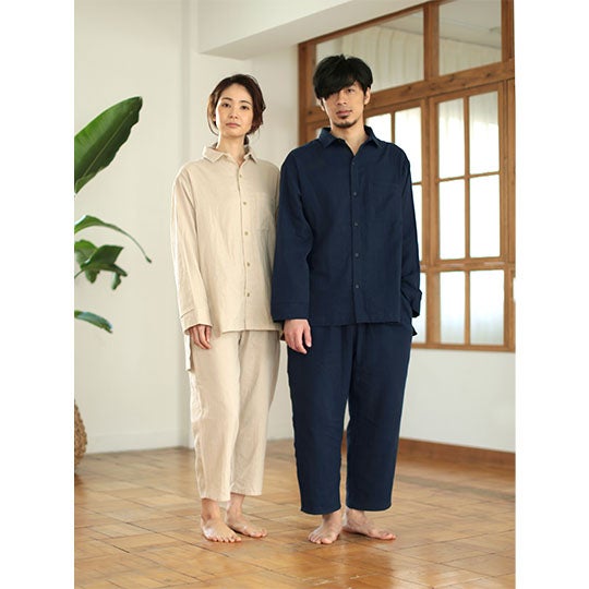 Nercocia. Wガーゼ長袖前開きシャツセットアップ 2色 4サイズ